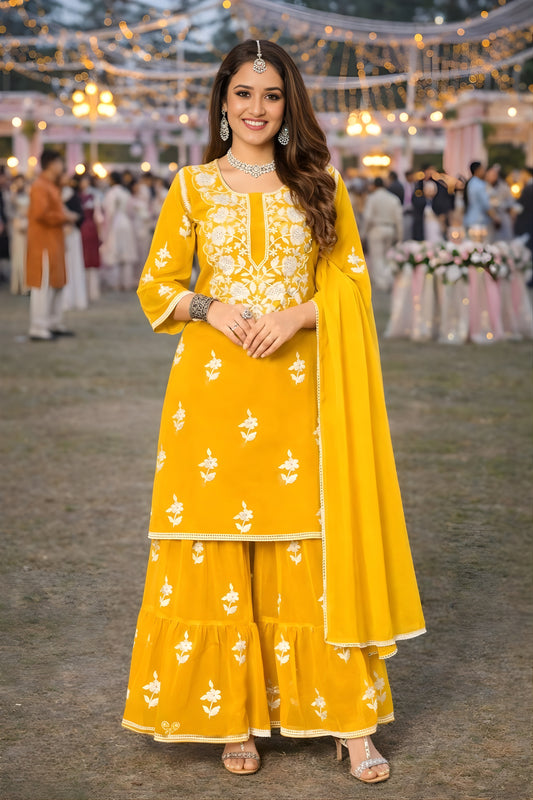Stylish Yellow Embroidered Georgette Sharara Suit with Dupatta for Wedding