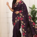 Wine Purple Silk Saree Floral Embroidery Border Designer Blouse