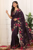 Wine Purple Silk Saree Floral Embroidery Border Designer Blouse