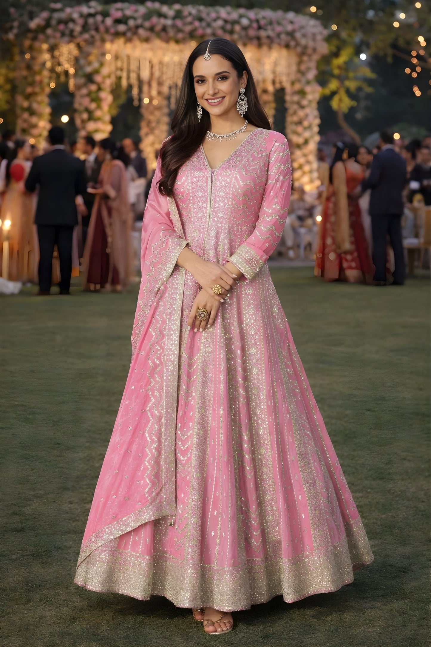 Stylish Pink Embroidered Chinon Anarkali Salwar Suit with Dupatta for Wedding