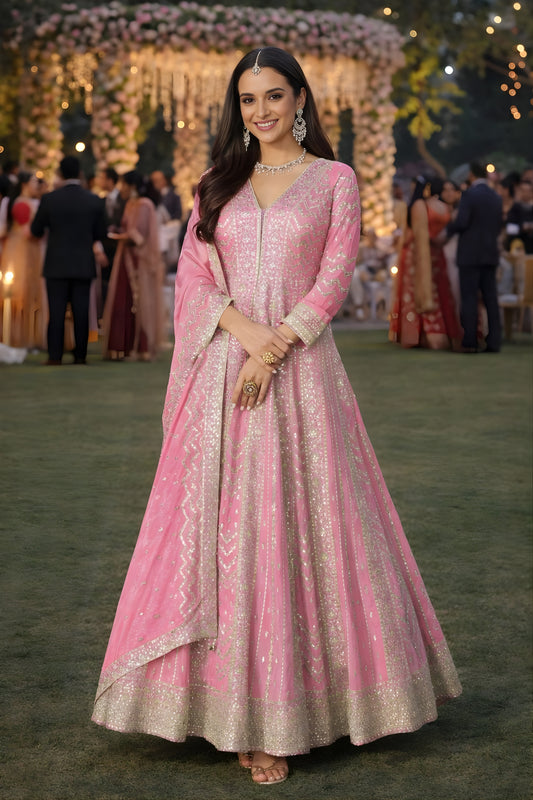 Stylish Pink Embroidered Chinon Anarkali Salwar Suit with Dupatta for Wedding