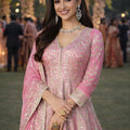 Stylish Pink Embroidered Chinon Anarkali Salwar Suit with Dupatta for Wedding