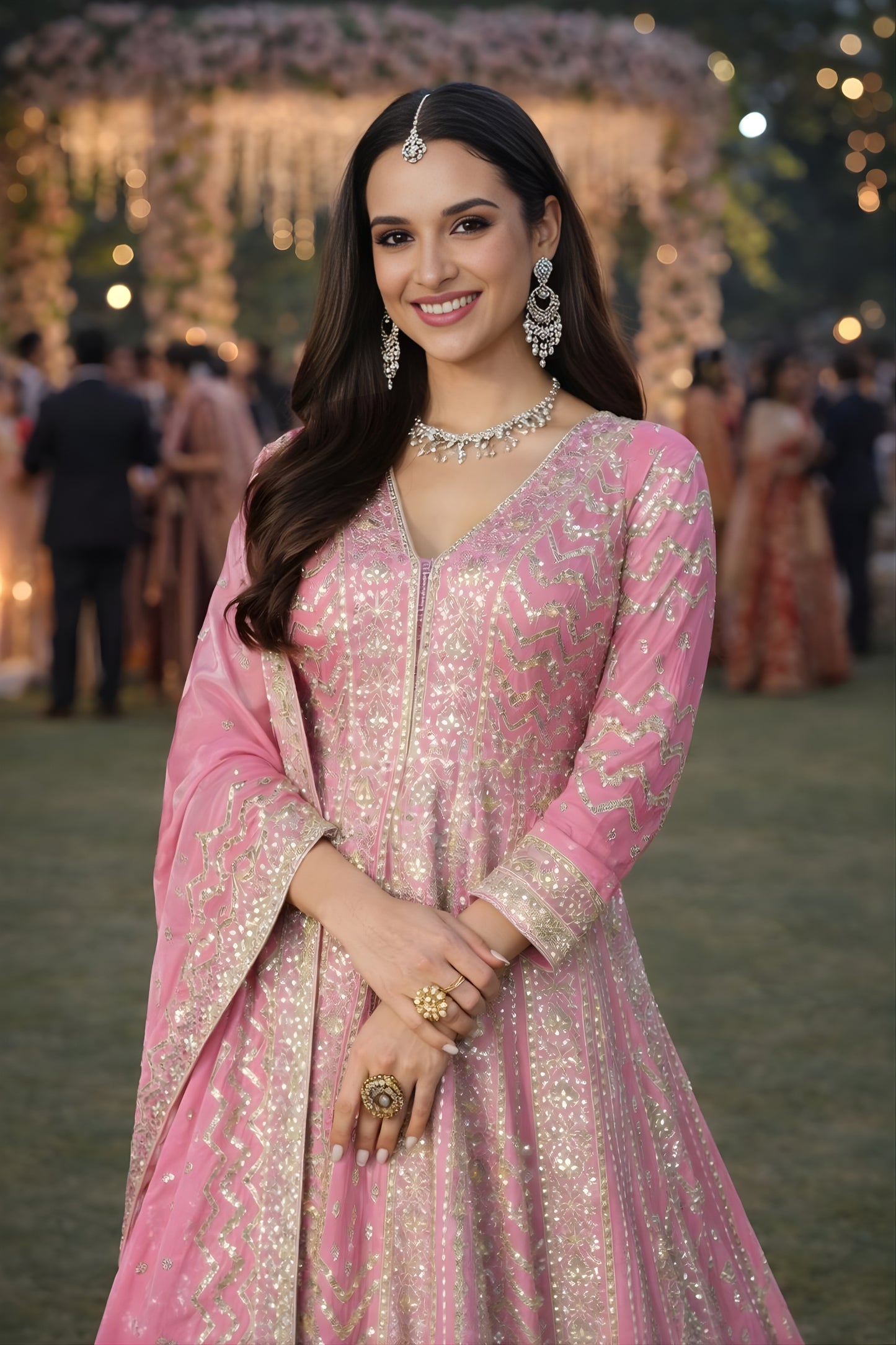 Stylish Pink Embroidered Chinon Anarkali Salwar Suit with Dupatta for Wedding