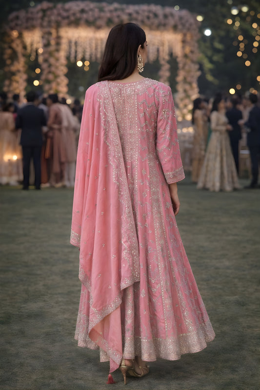 Stylish Pink Embroidered Chinon Anarkali Salwar Suit with Dupatta for Wedding