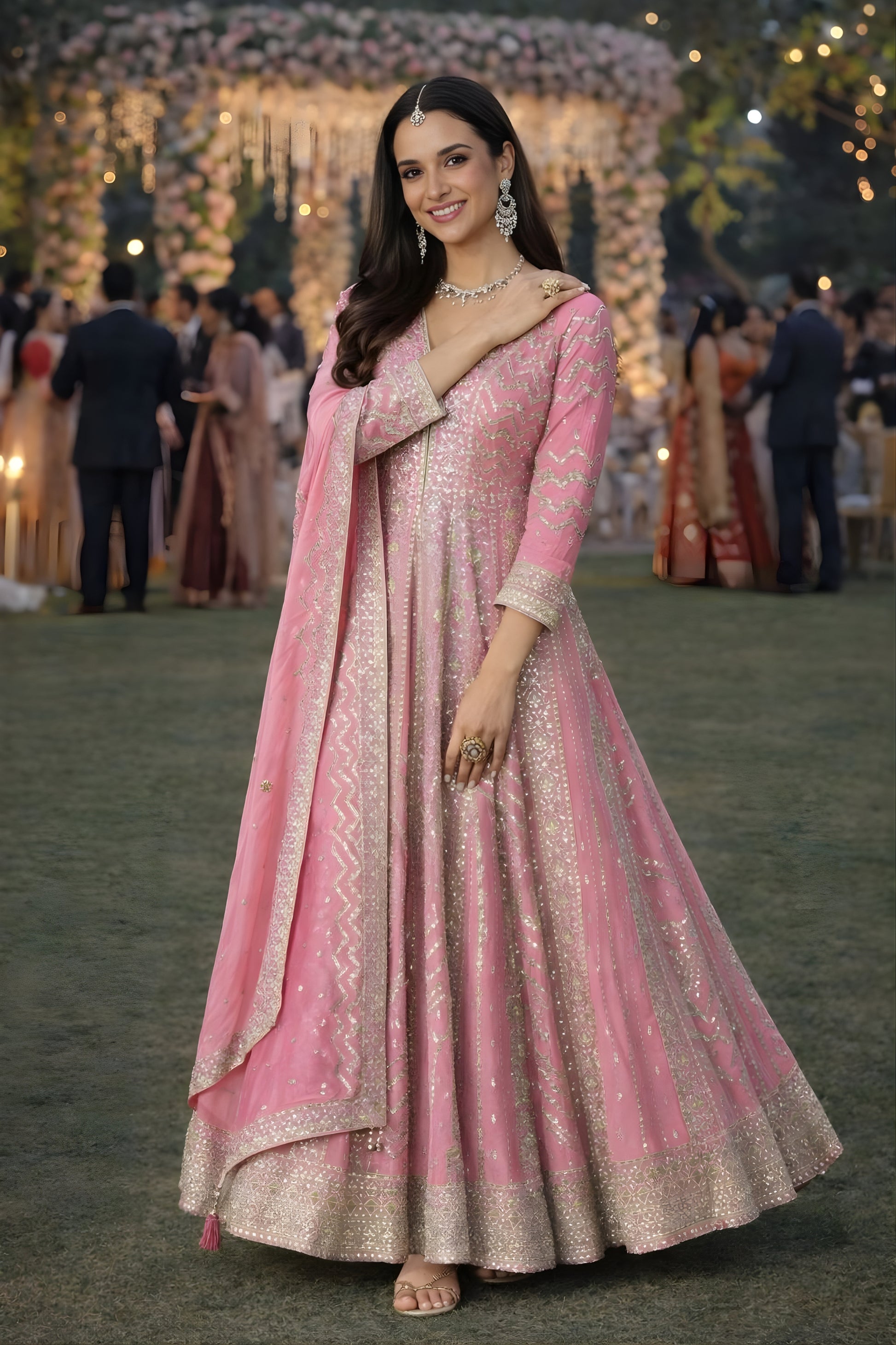 Stylish Pink Embroidered Chinon Anarkali Salwar Suit with Dupatta for Wedding