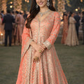 Stunning Peach Embroidered Chinon Anarkali Salwar Suit with Dupatta for Wedding