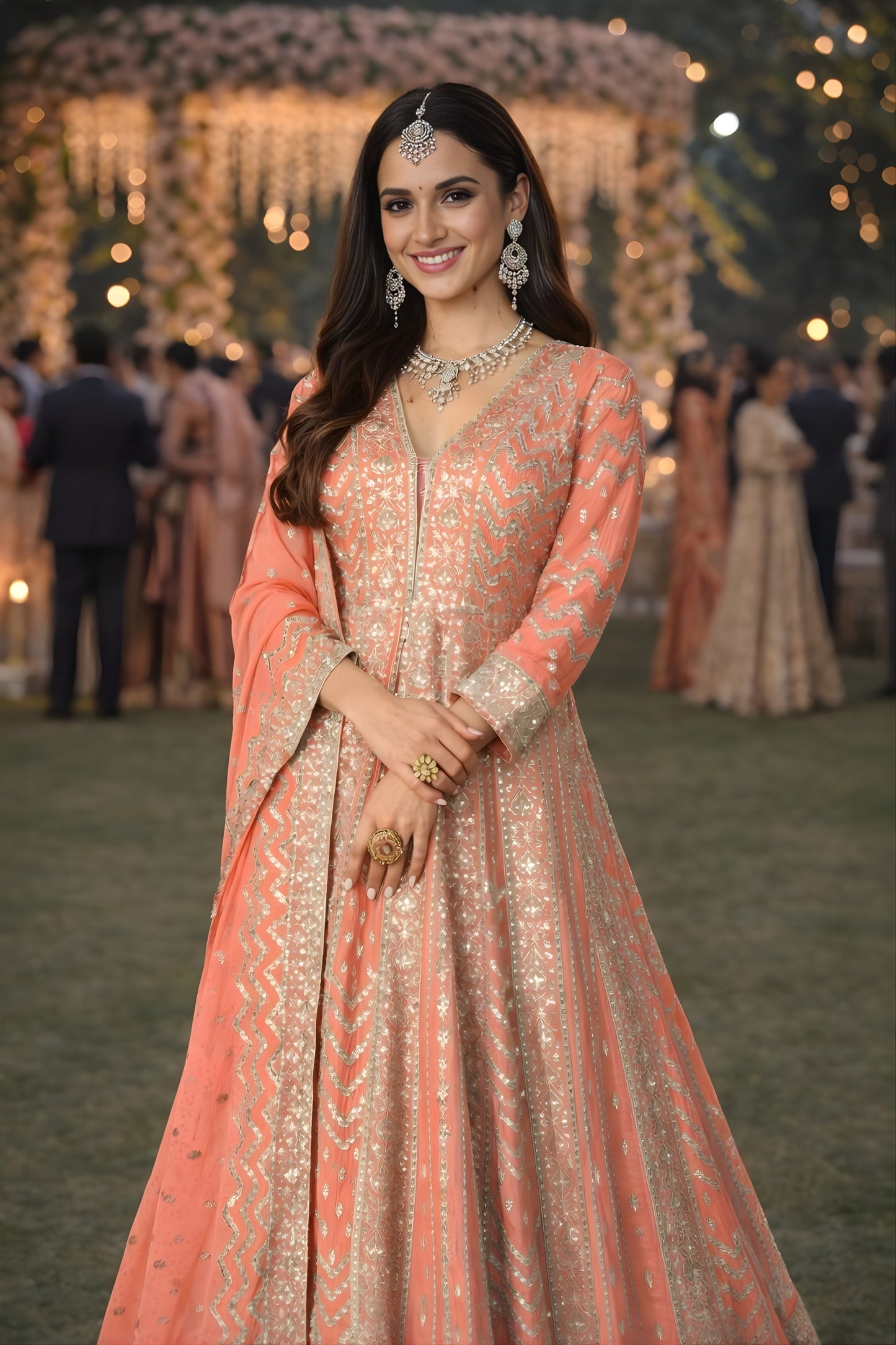 Stunning Peach Embroidered Chinon Anarkali Salwar Suit with Dupatta for Wedding
