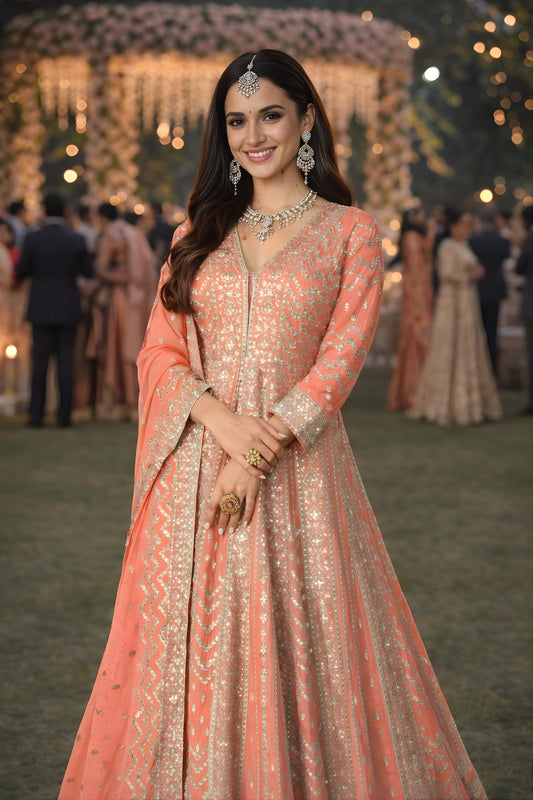 Stunning Peach Embroidered Chinon Anarkali Salwar Suit with Dupatta for Wedding