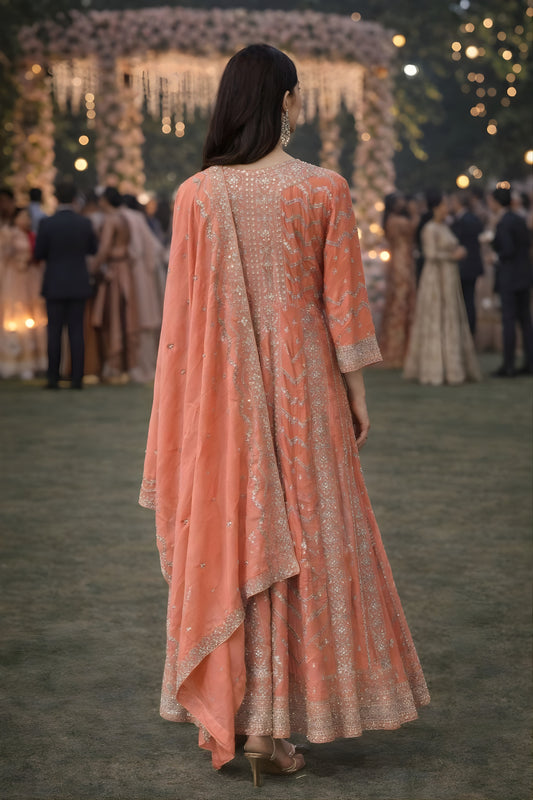 Stunning Peach Embroidered Chinon Anarkali Salwar Suit with Dupatta for Wedding