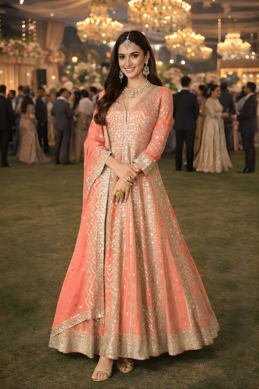 Stunning Peach Embroidered Chinon Anarkali Salwar Suit with Dupatta for Wedding