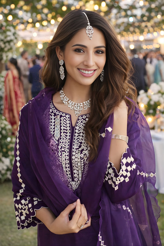 Glorious Purple Embroidered Silk Readymade Palazzo Suit with Dupatta for Wedding