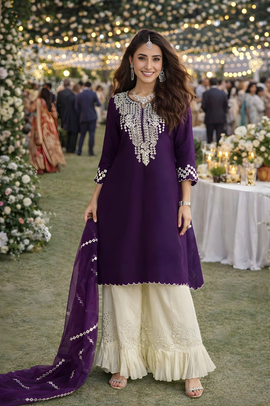 Glorious Purple Embroidered Silk Readymade Palazzo Suit with Dupatta for Wedding