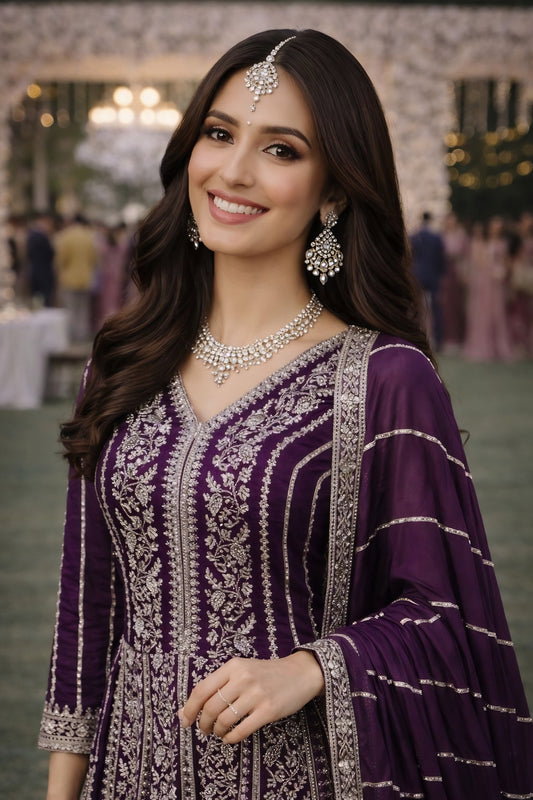 Elegant Purple Chinon Embroidered Anarkali Gown with Dupatta for Women