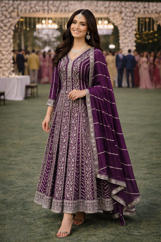 Elegant Purple Chinon Embroidered Anarkali Gown with Dupatta for Women