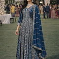 Stunning Navy Blue Chinon Embroidered Anarkali Gown with Dupatta for Women