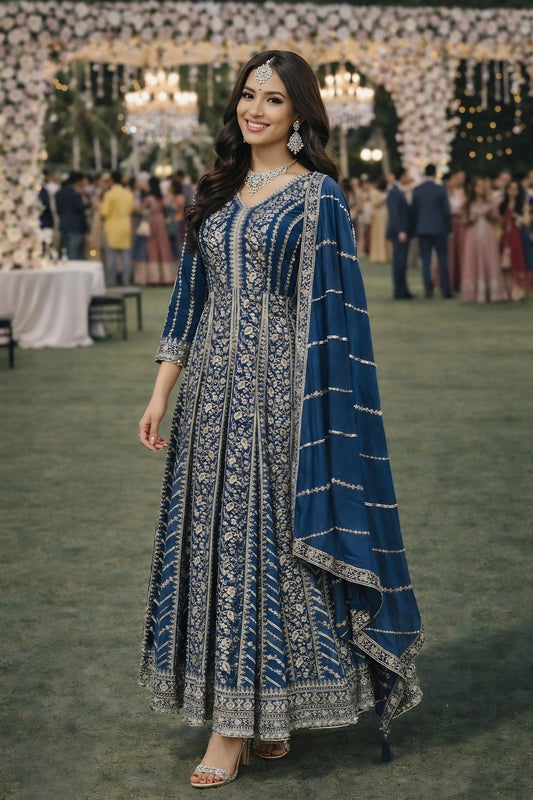 Stunning Navy Blue Chinon Embroidered Anarkali Gown with Dupatta for Women