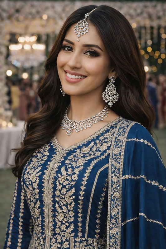 Stunning Navy Blue Chinon Embroidered Anarkali Gown with Dupatta for Women