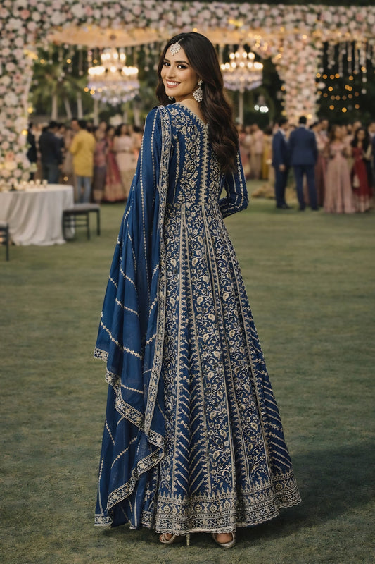 Stunning Navy Blue Chinon Embroidered Anarkali Gown with Dupatta for Women