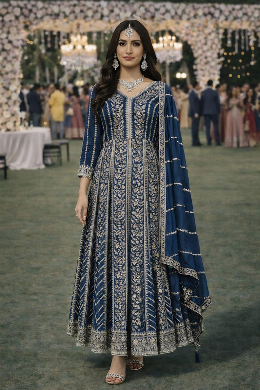  Stunning Navy Blue Chinon Embroidered Anarkali Gown with Dupatta for Women