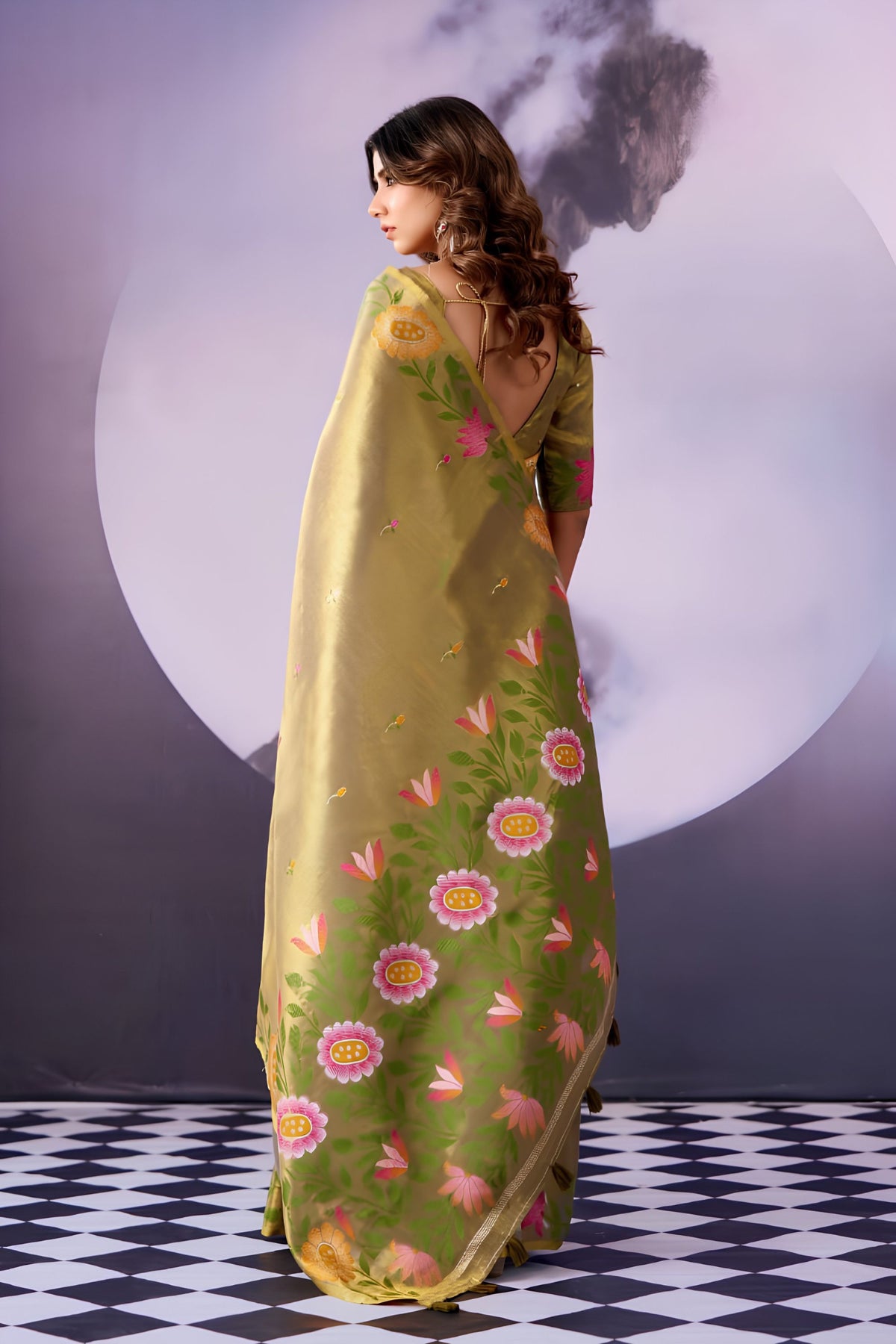 Exquisite Olive Green Tissue Silk Saree Multicolor Floral Printed Work for Women