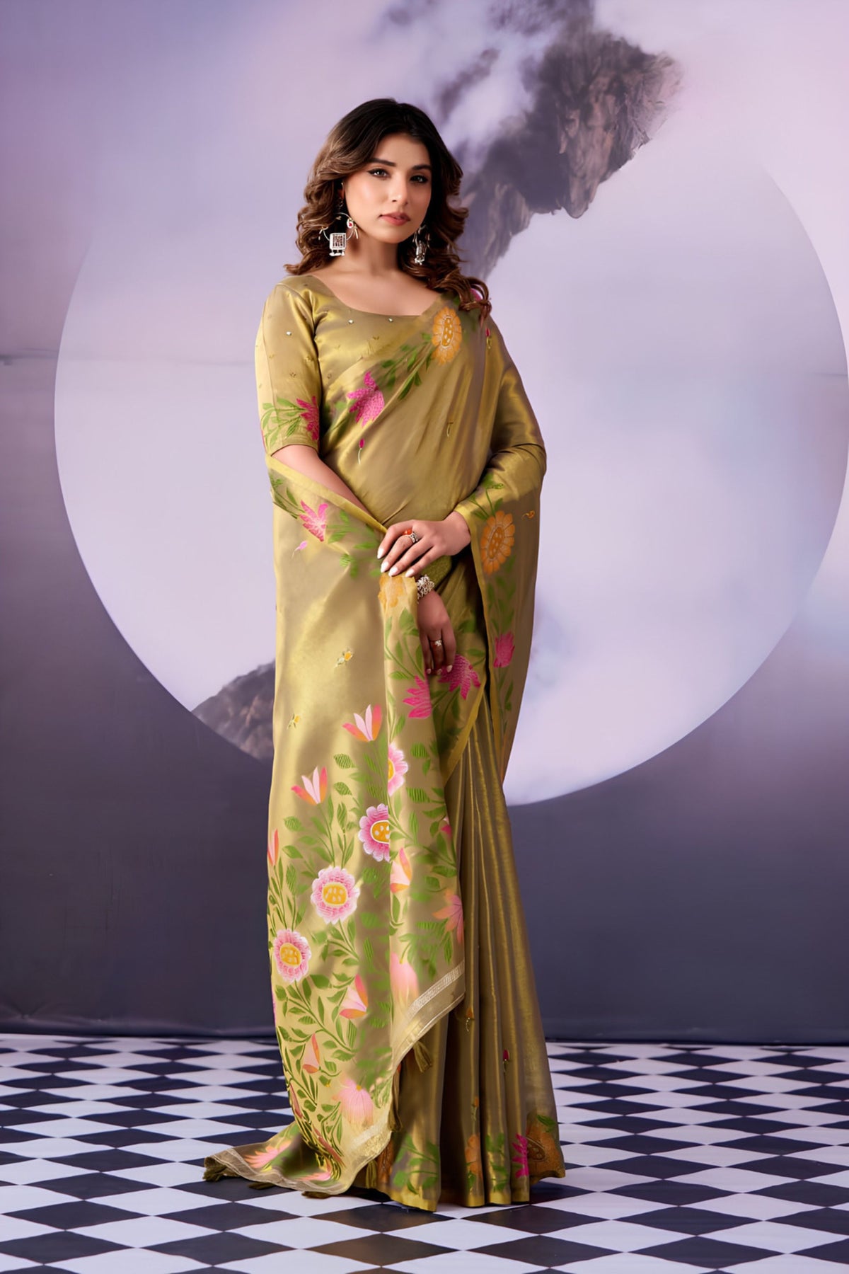 Exquisite Olive Green Tissue Silk Saree Multicolor Floral Printed Work for Women