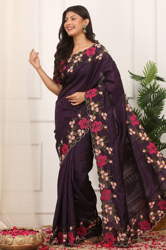 Wine Purple Silk Saree Floral Embroidery Border Designer Blouse