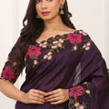 Wine Purple Silk Saree Floral Embroidery Border Designer Blouse