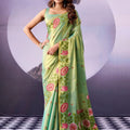 Captivating Pista Green Tissue Silk Saree Multicolor Floral Printed Work for Women