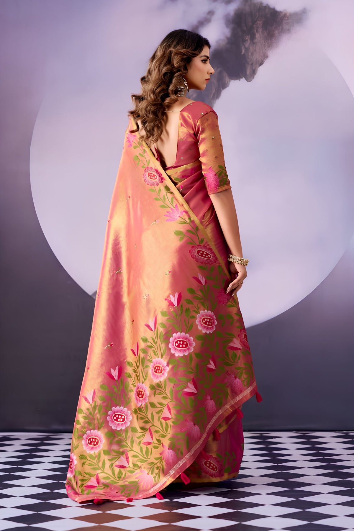 Radiant Peach Pink Tissue Silk Saree Multicolor Floral Printed Work for Women