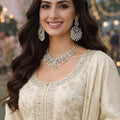 Fancy Cream Embroidered Premium Silk Readymade Palazzo Suit with Dupatta for Wedding
