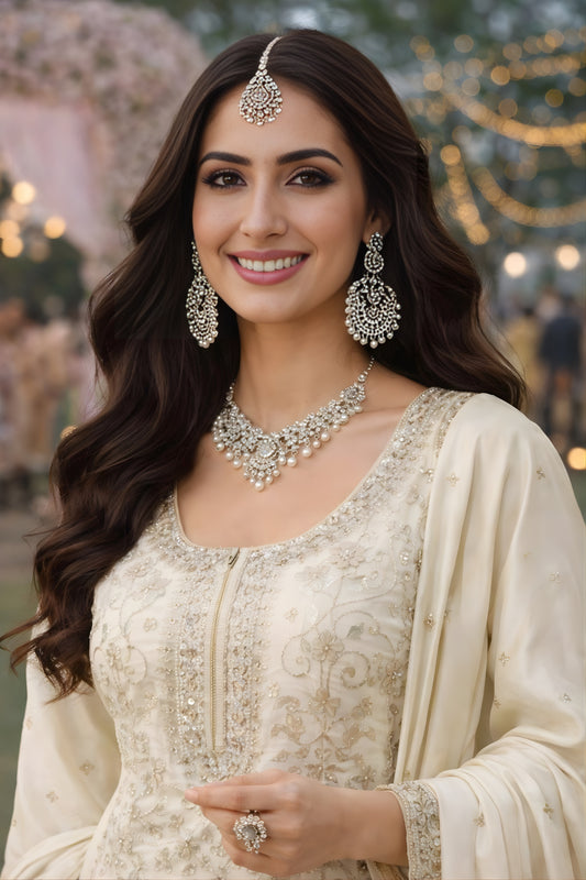 Fancy Cream Embroidered Premium Silk Readymade Palazzo Suit with Dupatta for Wedding