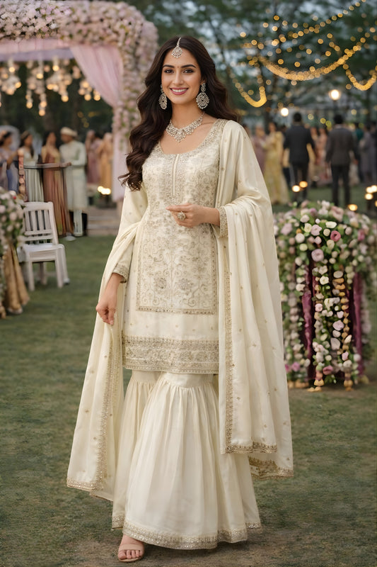 Fancy Cream Embroidered Premium Silk Readymade Palazzo Suit with Dupatta for Wedding