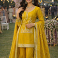 Vibrant Yellow Embroidered Premium Silk Readymade Palazzo Suit with Dupatta for Wedding