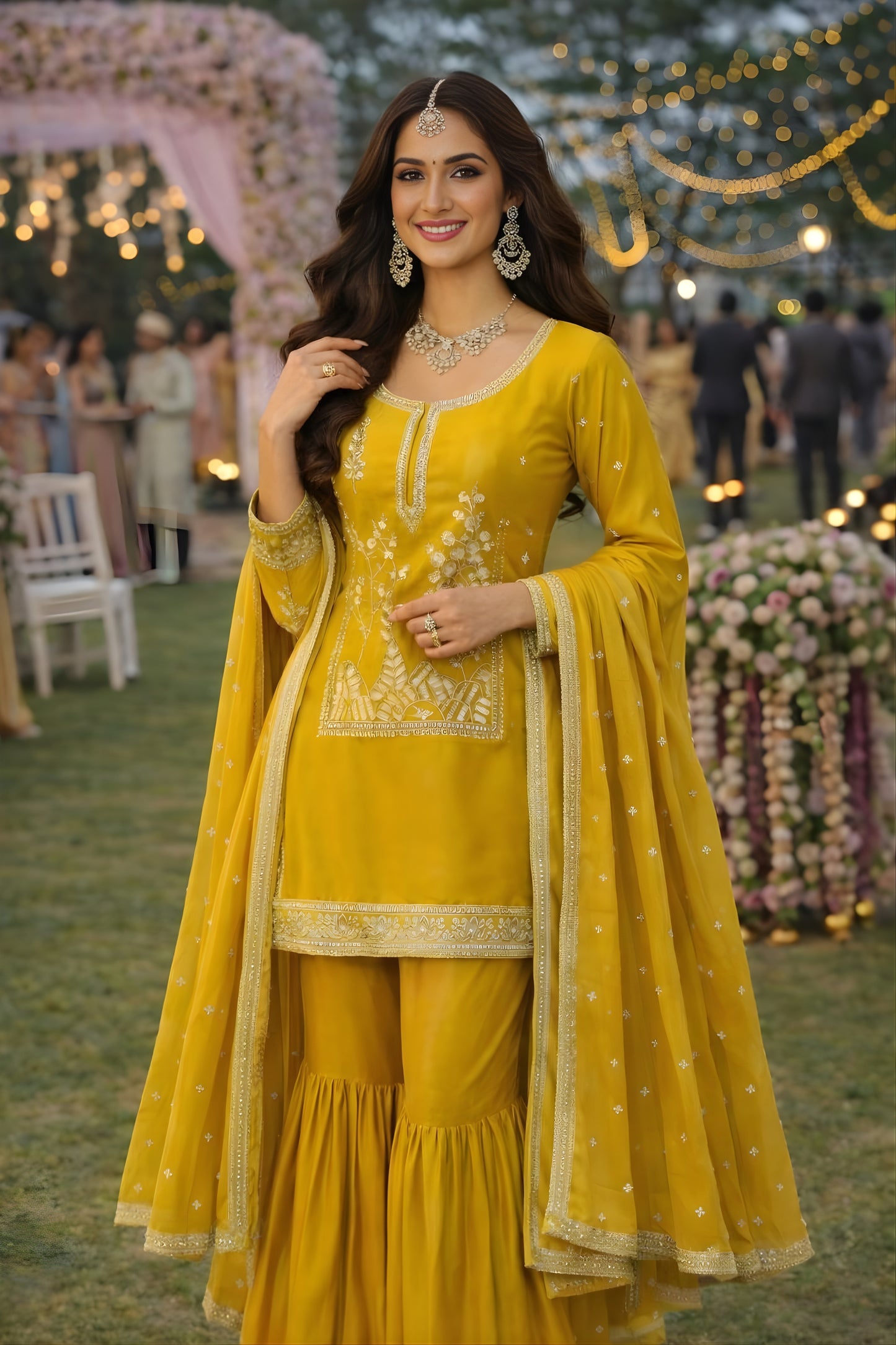 Vibrant Yellow Embroidered Premium Silk Readymade Palazzo Suit with Dupatta for Wedding