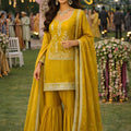 Vibrant Yellow Embroidered Premium Silk Readymade Palazzo Suit with Dupatta for Wedding