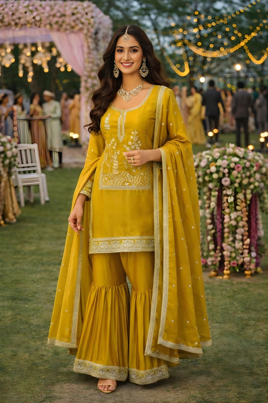 Vibrant Yellow Embroidered Premium Silk Readymade Palazzo Suit with Dupatta for Wedding