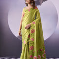 Vibrant Lime Green Tissue Silk Saree Multicolor Floral Printed Work for Women