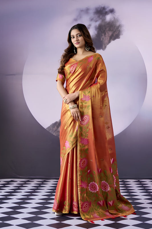 Lustrous Orange Tissue Silk Saree with Multicolor Floral Printed Work for Women