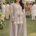 Elegant Grey Embroidered Premium Georgette Readymade Palazzo Suit with Dupatta