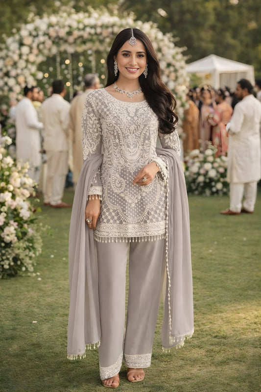 Elegant Grey Embroidered Premium Georgette Readymade Palazzo Suit with Dupatta