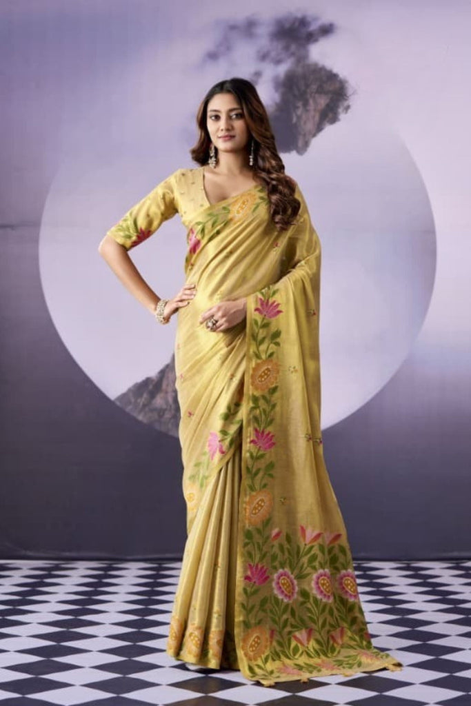 Elegant Golden Tissue Silk Saree Multicolor Floral Printed Work for Women