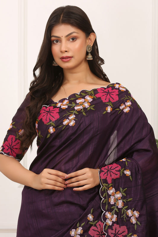 Wine Purple Silk Saree Floral Embroidery Border Designer Blouse