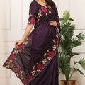Wine Purple Silk Saree Floral Embroidery Border Designer Blouse