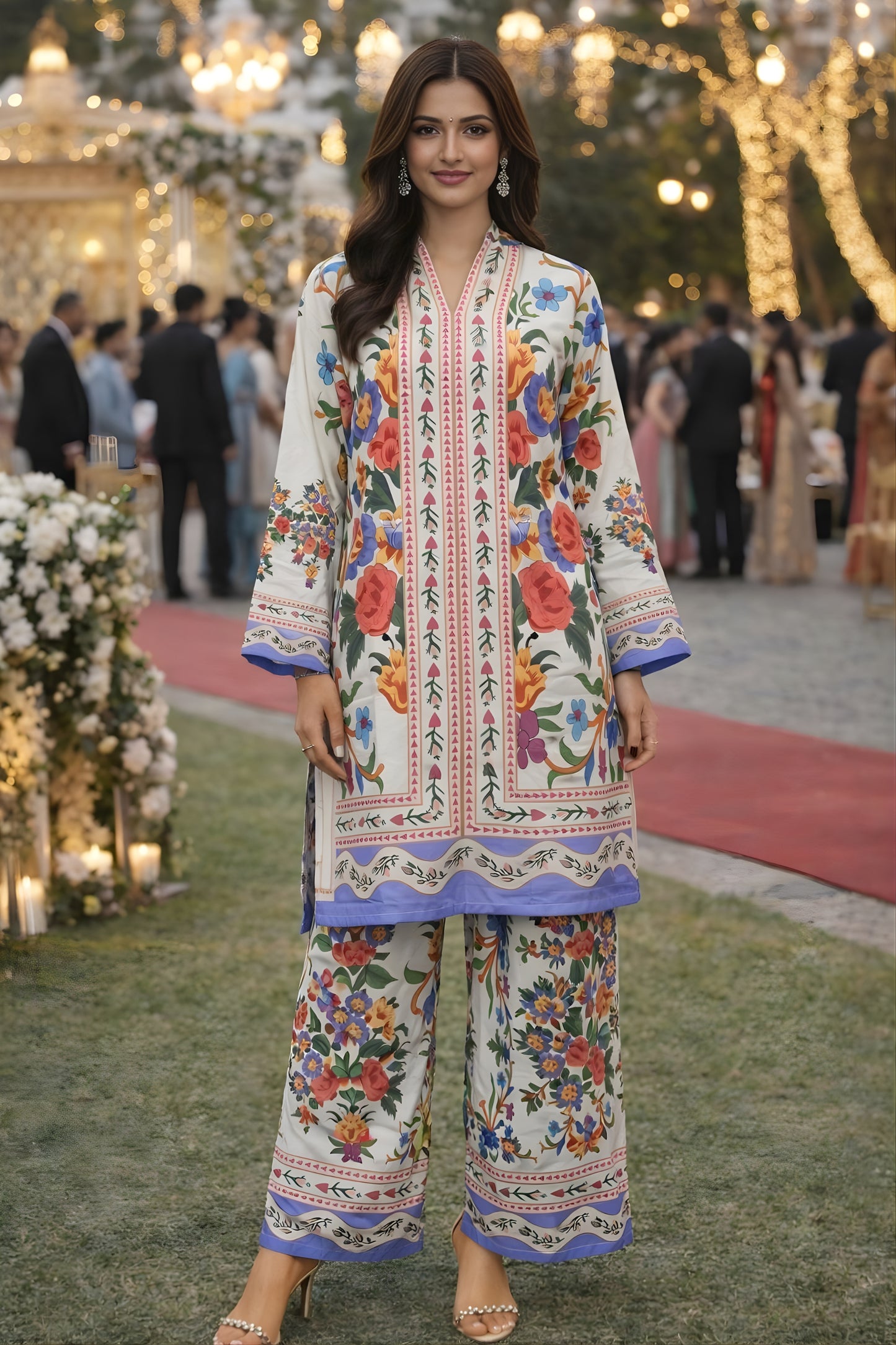 Amazing Cream Floral Printed Premium Rayon Palazzo Suit with Dupatta for Wedding