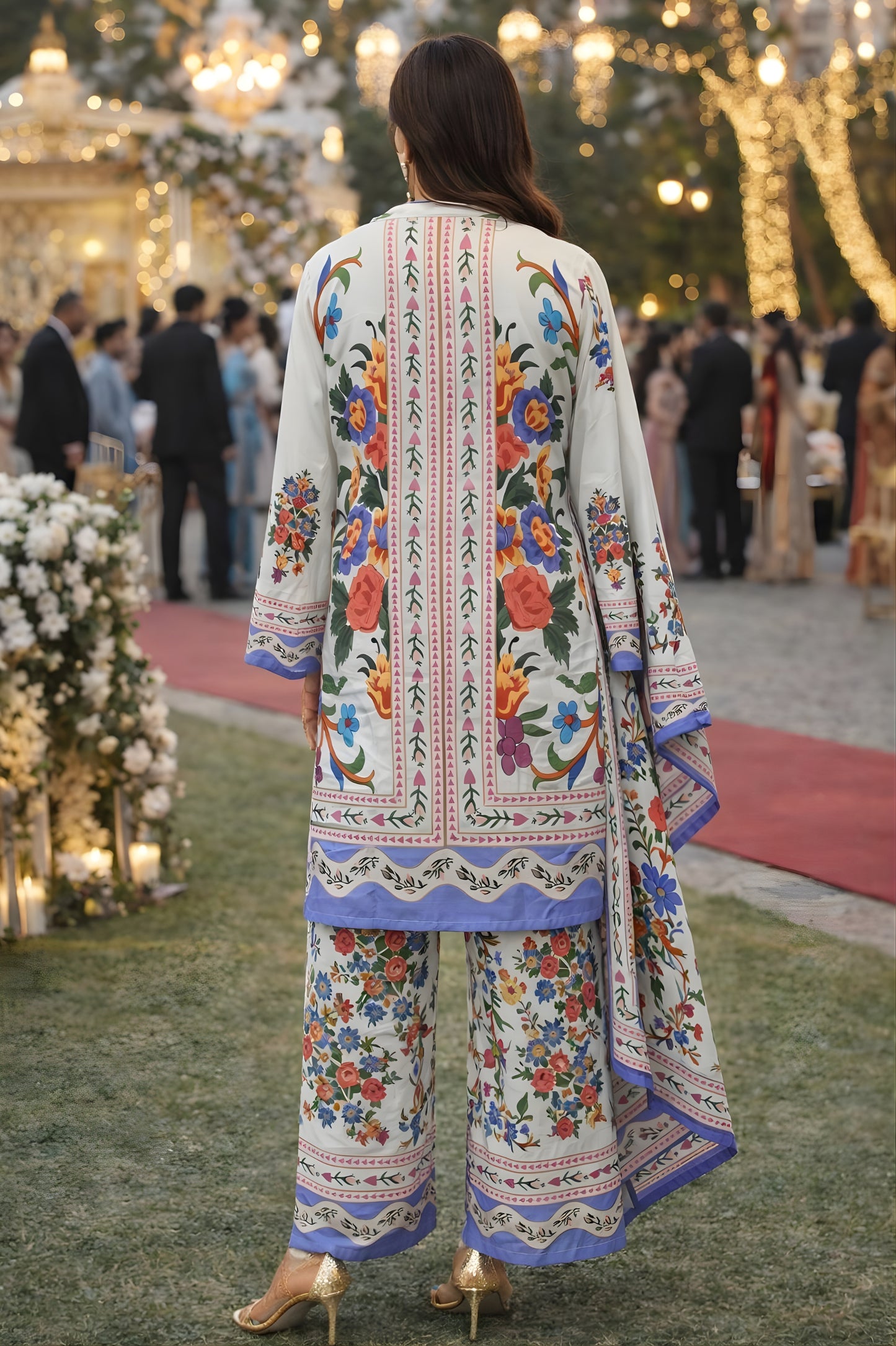 Amazing Cream Floral Printed Premium Rayon Palazzo Suit with Dupatta for Wedding