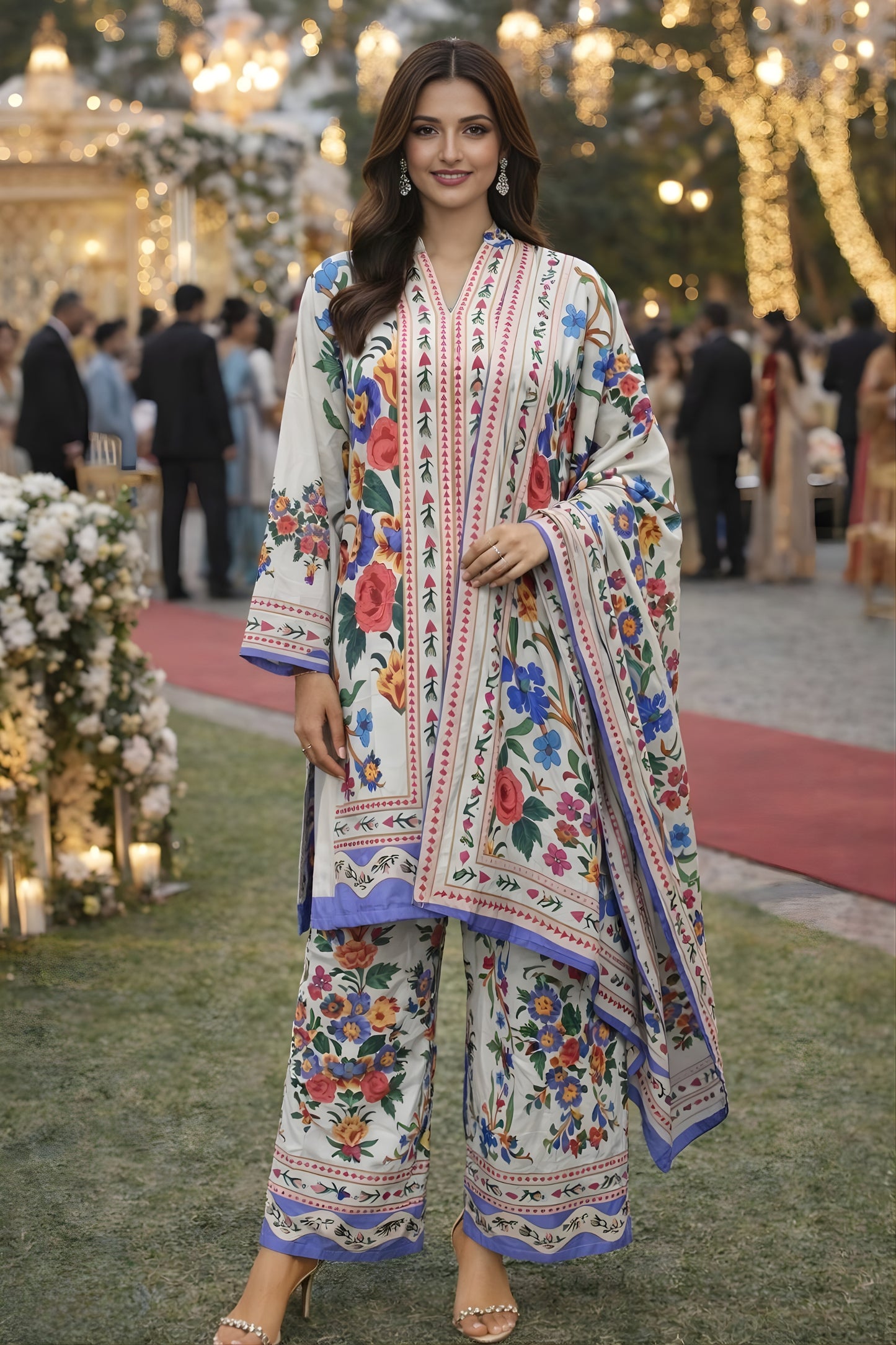 Amazing Cream Floral Printed Premium Rayon Palazzo Suit with Dupatta for Wedding