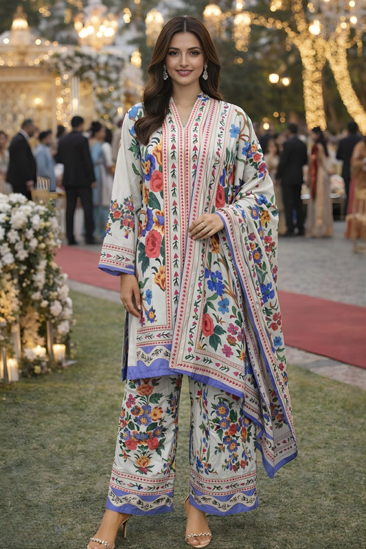 Amazing Cream Floral Printed Premium Rayon Palazzo Suit with Dupatta for Wedding