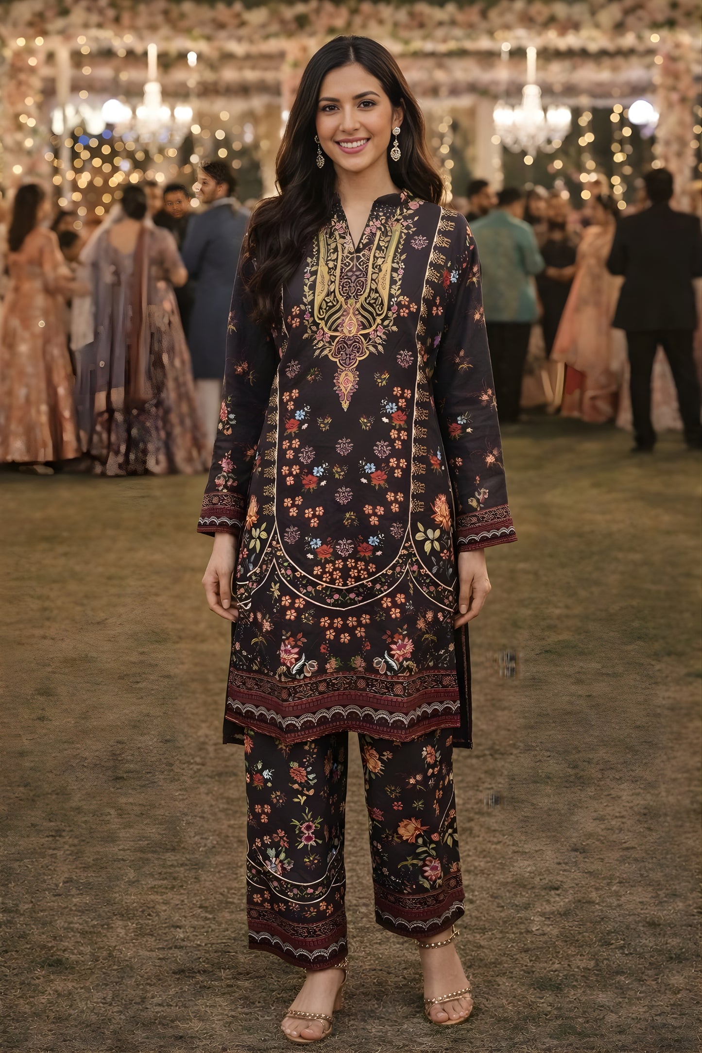 Stunning Black Floral Printed Premium Rayon Palazzo Suit with Dupatta for Wedding