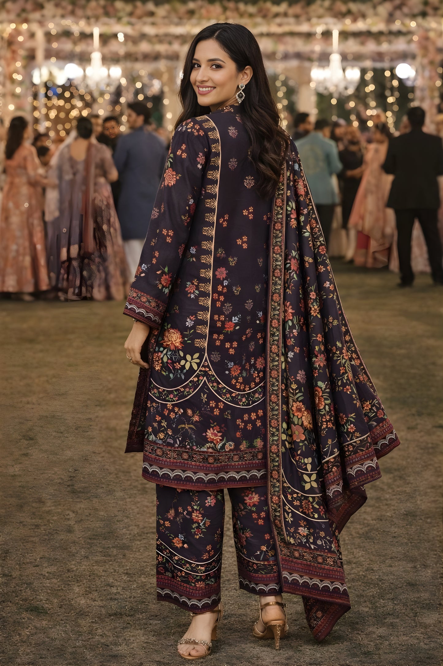Stunning Black Floral Printed Premium Rayon Palazzo Suit with Dupatta for Wedding