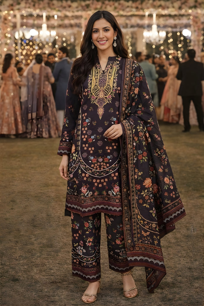 Stunning Black Floral Printed Premium Rayon Palazzo Suit with Dupatta for Wedding